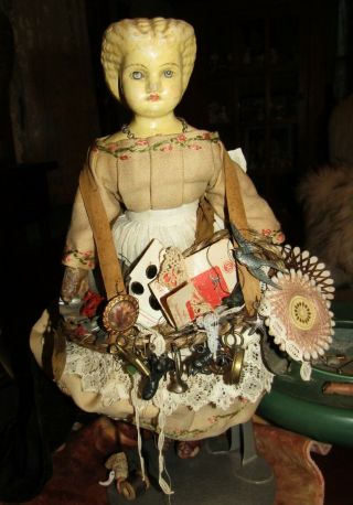 Antique 1800s Paper Mache Lady Peddler Doll Antique Clothes Plaid Leather Hands 4