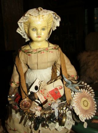 Antique 1800s Paper Mache Lady Peddler Doll Antique Clothes Plaid Leather Hands 8