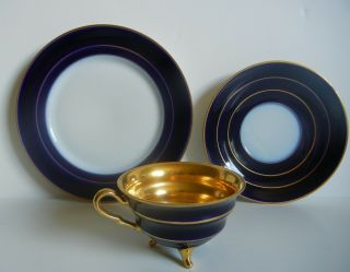 Fine Jl Menau 3 - Pc Tea Cup Saucer Biscuit Plate Echt Kobalt Gold Germany Antique