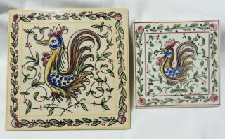 2 Vintage Portugal Hand Painted Rooster 6 " & 4 3/8 " Tiles Signed