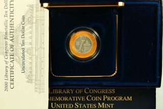 2000 - W Library Of Congress Bimetallic Ten Dollar Gold & Platinum Coin Rare