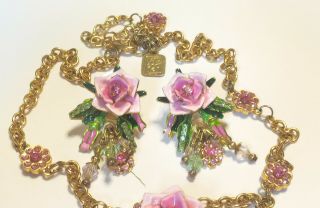 Lunch at the Ritz Pink Tea Rose Swarovski Rhinestones Necklace/Pierced Earrings 2