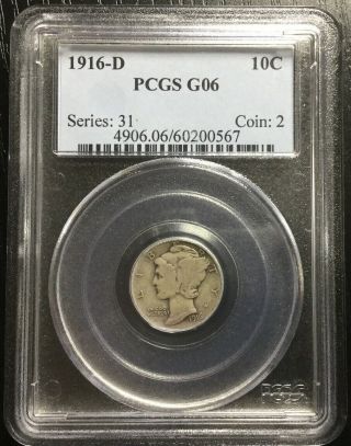 1916 - D Mercury Dime Pcgs G06 - Key Date Rare Coin