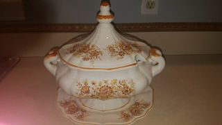 Brown Yellow Flowered Soup Tureen With Spill Plate No Ladle