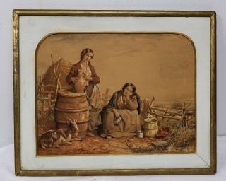 Antique Watercolor Painting Signed Robert Scanlan Irish Scene Farmers Daughters