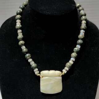 Vintage Mignon Faget Sterling Bead Malachite Pyrite Moonstone Jade Adze Necklace