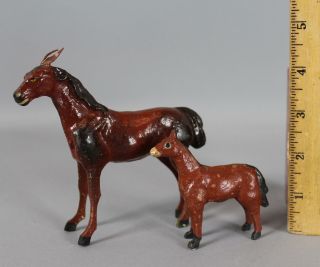 2 Antique German Putz,  Hand Painted Paper Mache & Stick Legs Horses Mare & Foal