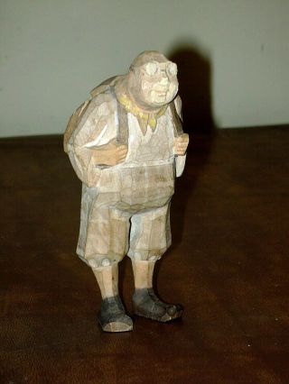 Vintage Hand Carved Wood Figurine Man W/ Glasses & Back Pack 5 " Hiker Wooden