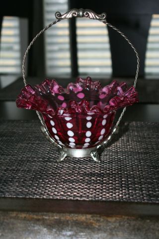 Antique Silver Plate Brides Basket Cranberry Opalescent Dot Ruffle Bowl