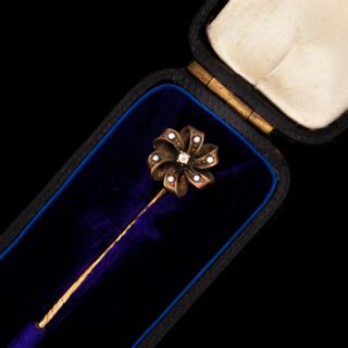 Antique Vintage Nouveau 18k 14k Rose Gold Floral Pearl Diamond Stick Pin Brooch