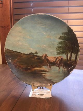 Antique Paper Mache Plate.  Hand Painted Cow Farm Scene.
