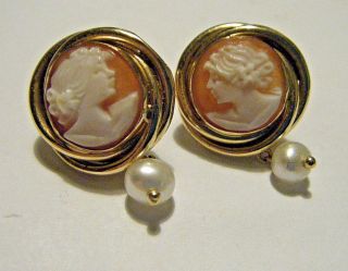 Pbd Vtg 1980s 1 " Sweet 14k Yellow Gold Hand Carved Shell Cameos & Pearl Earrings