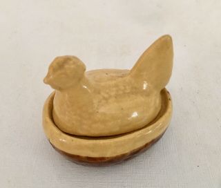 Vintage. .  Stoneware Yellow Ware Pottery Miniature Covered Hen On Nest