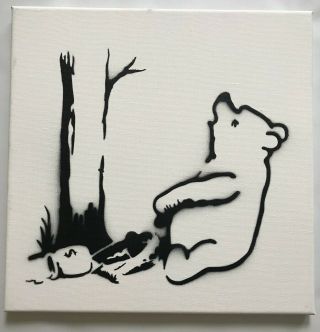 Banksy Dismaland Rare Pooh Bear Signed Spray Canvas Stencil Souvenir