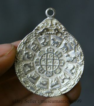 Old China Tibetan Buddhism Silver 12 Zodiac Year Animal Eight Diagrams Pendant