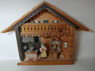 Vintage Hand Carved Wood House Figural Folk Art Diorama Wall Shadow Box