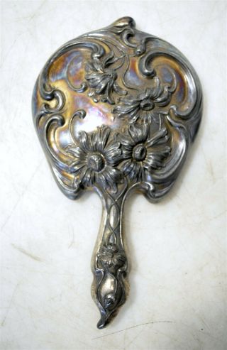 Antique Derby Silver Co Silverplated Hand Mirror W/ Floral Repousse Cosmetology