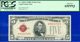 Rare Fr - 1530 1928 - E $5 Us Note ( (star))  Pcgs Gem 65ppq 08116753a