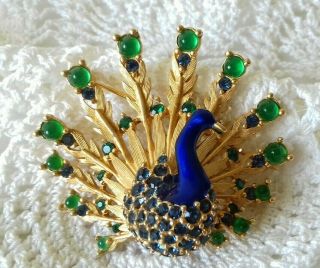 Boucher " Rare " Gp Enamel Peacock Brooch W Emerald Green Cobalt Blue Rhinestones