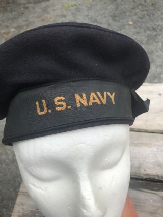 Orig WW2 US Navy Blue Wool Uniform Flat Cap Donald Duck Hat Rare Vtg 40s USN 2