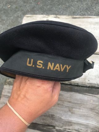 Orig WW2 US Navy Blue Wool Uniform Flat Cap Donald Duck Hat Rare Vtg 40s USN 6