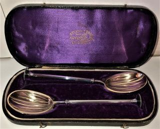 Pr.  Antique English Victorian Sterling Silver Serving Spoons Benedict Bros.  N.  Y.