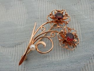 Vintage 1969 9ct Solid Rose Gold Garnet & Pearl Ladies Brooch Fully Hallmarked