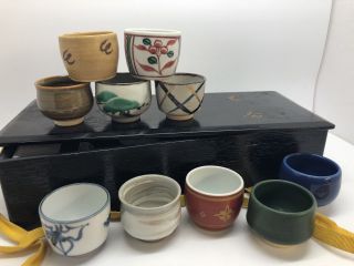Set Of 10 Vtg Signed Japanese Studio Pottery Sake Cups In Wood Box (rf - Fr1)
