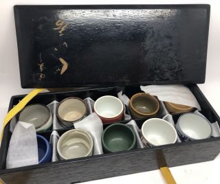 Set of 10 Vtg Signed Japanese Studio Pottery Sake Cups in Wood Box (RF - fr1) 2