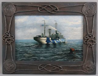Antique 1921 Agawam Navy Ship Portrait Painting Sailors Knot Rope Folk Art Frame