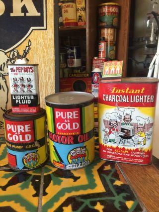 Vintage Pep Boys Manny Moe & Jack All Four Cans Charcoals Lighter,  Motor Oil