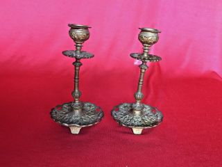 Pair Ornate Victorian Antique Brass 6 " Candlesticks Singed F.  L.  V.  2211