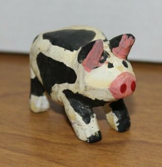 Vintage Folk Art Hand Carved Wood Pig Miniature Primitive Signed By Carver