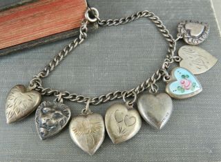 Vintage / Antique 925 Sterling Silver & Enamel Puffy Heart Charm Bracelet