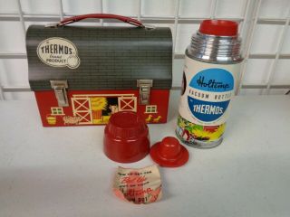 Vintage 1958 Thermos Red Barn Open Doors Dome Metal Lunchbox