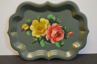 Vintage Tole Tray Green Flower Rose Small Hand Painted Toleware