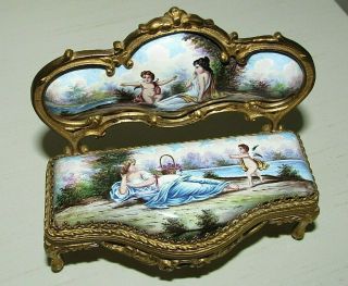 Antique Enamel Miniature Settee Lovely Ladies & Winged Cherubs 3.  75 " X 3.  25 "