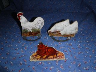 A.  Three Cardboard Litho Chickens With 2 Metal Stands Rooster 3 1/2 " H W/o St