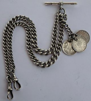 Fantastic Antique Solid Silver Double Pocket Watch Albert Chain & 3 Coin Fobs