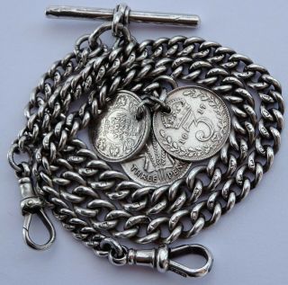 Fantastic antique solid silver double pocket watch albert chain & 3 coin fobs 2