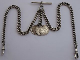Fantastic antique solid silver double pocket watch albert chain & 3 coin fobs 3