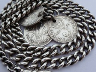 Fantastic antique solid silver double pocket watch albert chain & 3 coin fobs 4