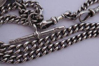 Fantastic antique solid silver double pocket watch albert chain & 3 coin fobs 5
