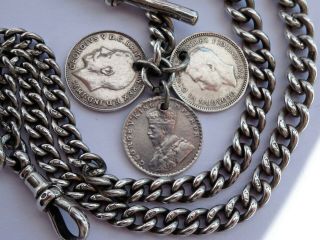 Fantastic antique solid silver double pocket watch albert chain & 3 coin fobs 6