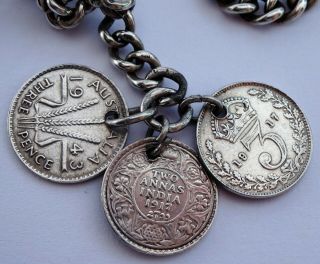 Fantastic antique solid silver double pocket watch albert chain & 3 coin fobs 7