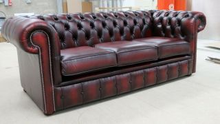 Chesterfield Tufted Buttoned 3 Seater Sofa Couch Real Vintage Oxblood Red