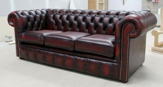 CHESTERFIELD TUFTED BUTTONED 3 SEATER SOFA COUCH REAL VINTAGE OXBLOOD RED 2