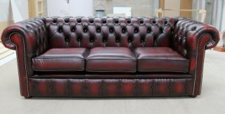 CHESTERFIELD TUFTED BUTTONED 3 SEATER SOFA COUCH REAL VINTAGE OXBLOOD RED 3