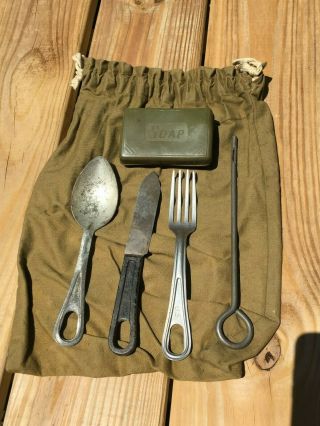 Ww2 Us Army Fork,  Knife & Spoon,  Red Cross Ditty Bag & Gun Cleaning Rod