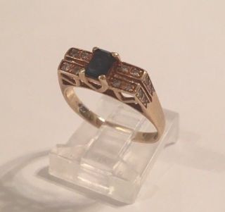 Vintage 14k Yellow Gold Blue Sapphire & Diamond Unique Boxy Unusual Ring